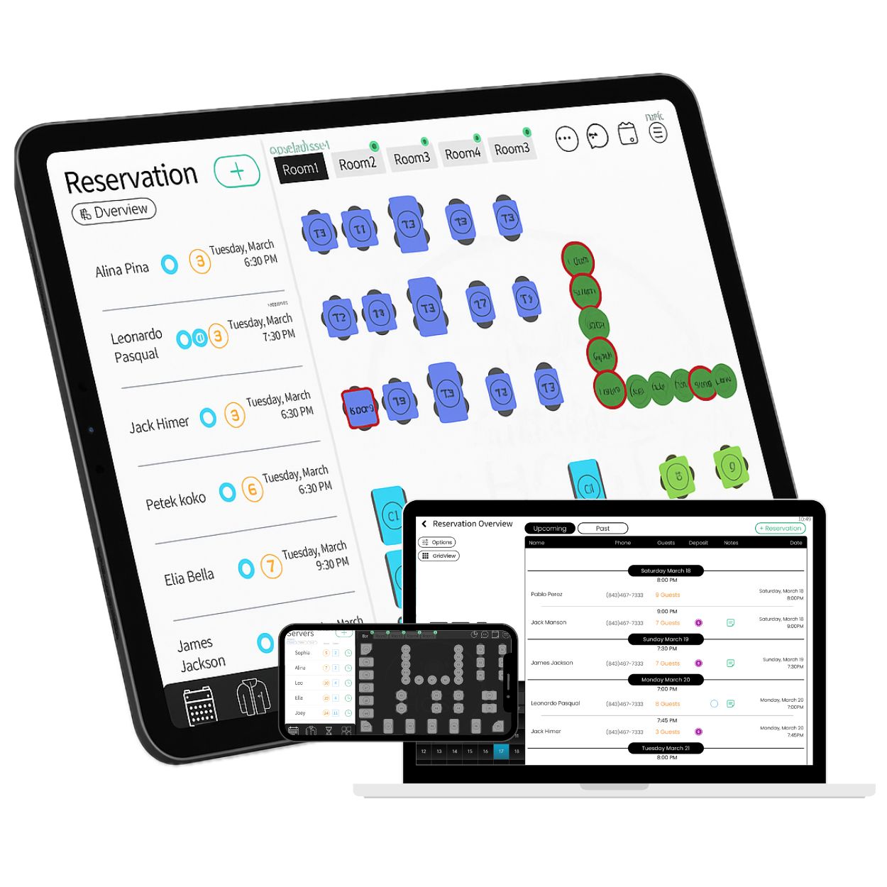 Host Reservations restaurant management software interface showing table reservations, waitlist management, and server sections on iPad